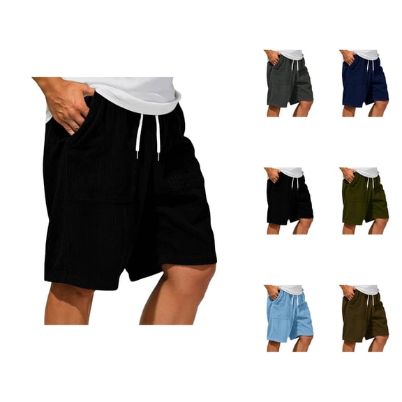 Corduroy Shorts for Men Summer Casual Elastic Waist Wide Straight Leg Lightweight Beach Shorts with Pockets