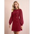thumbnail image 5 of Women'S Spring Round Neck Button Detail Slim Fit Long Sleeve Solid Color Dress Midi Wine Red S, 5 of 8
