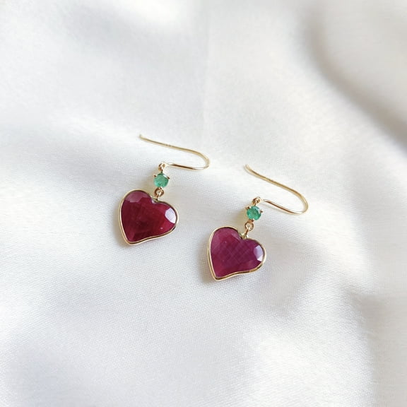 Natural Ruby & Emerald Earrings, 14K Solid Yellow Gold Ruby Heart Earrings, July Birthstone Earrings, Ruby Heart Jewelry, Christmas Earrings