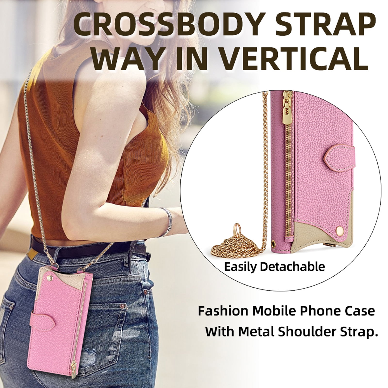 Women Girls Crossbody Strap Flip Wallet Zipper Phone Case Cover for iPhone 17 Pro Max, with Card Holder Kickstand Soft PU Leather Shoulder Chain Make-up Mirror for iPhone 17 Pro Max, Pink
