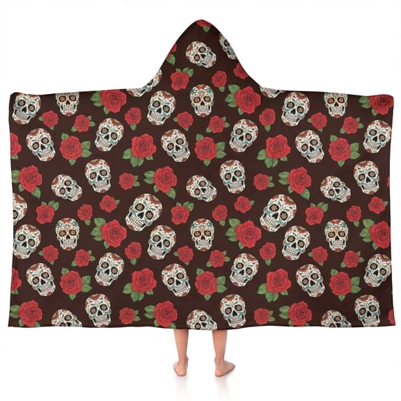 Brown Skull Rose Pattern Hooded Bath Towel,50"x30" for Ages 3 To 12 Kids, Quick Dry Lightweight Soft Microfiber Hood Beach Towel Cover Up for Kids