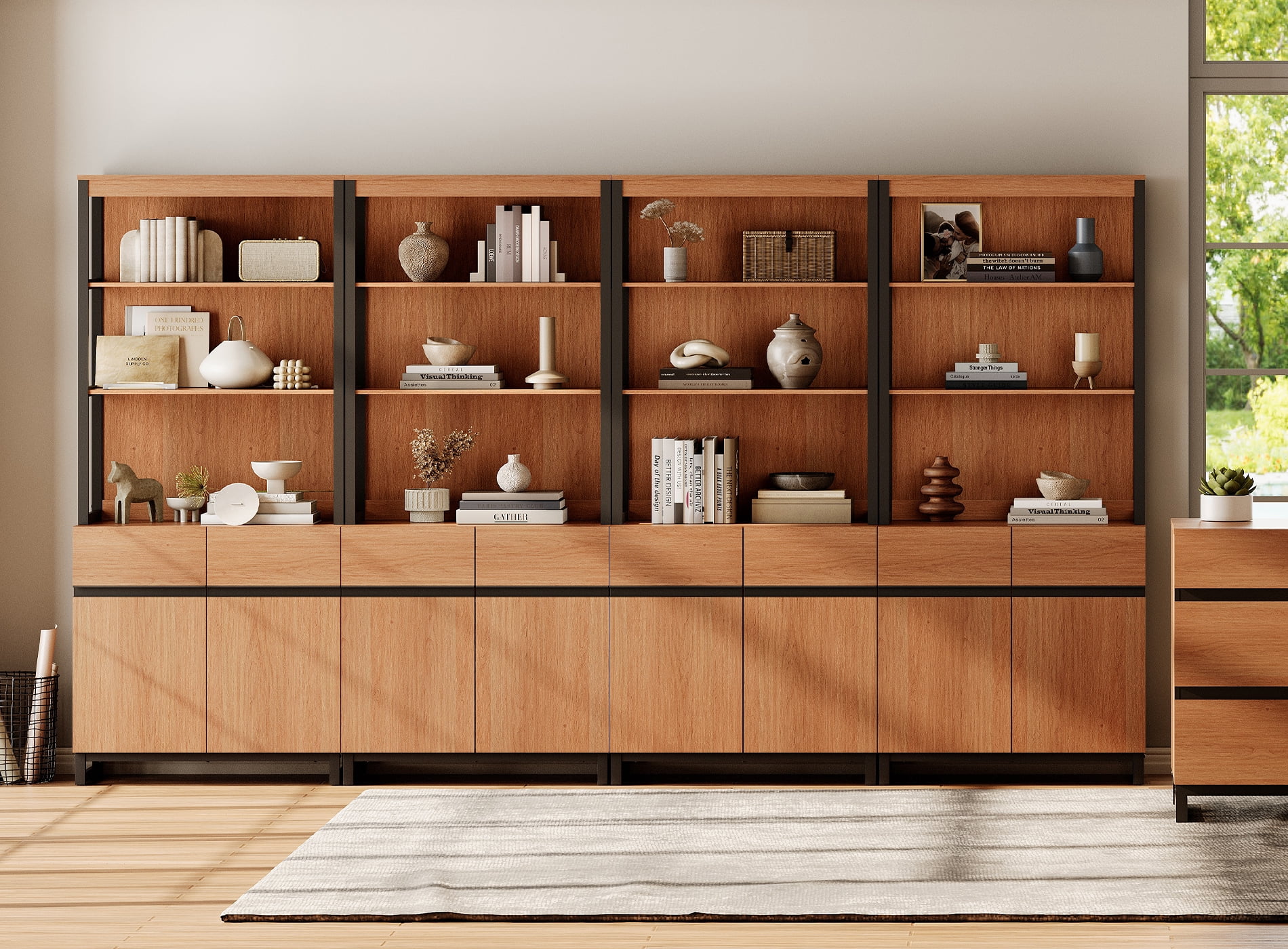 WAMPAT 4-Piece Modern 72" Tall Library Bookcases with Metal Base & Adjustable Shelves, Wood Bookshelves with Storage Cabinet & Open Shelves for Home Office & Living Room, Mocha
