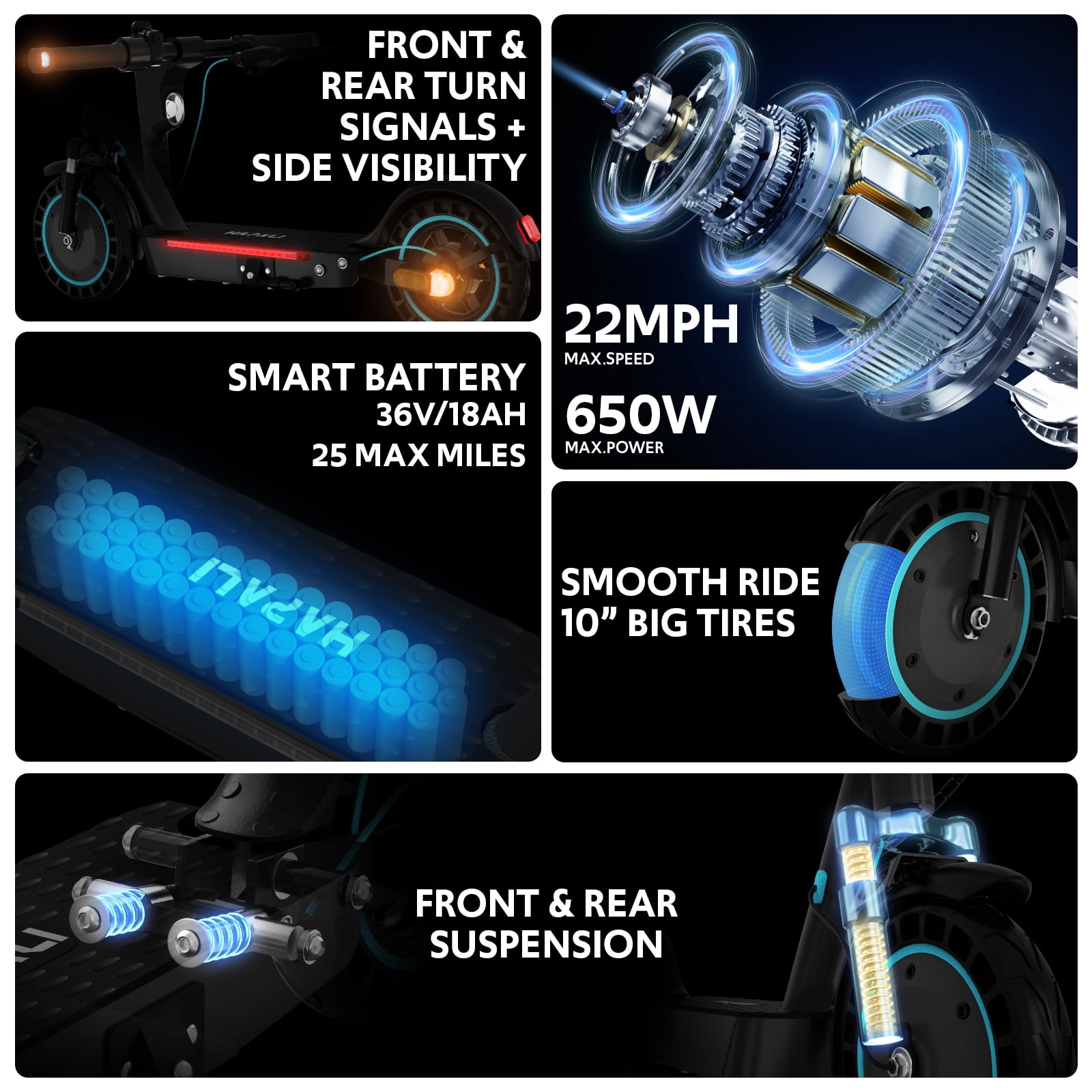 Electric Scooters for Adults with Smart App Control, 10" Tires & Dual Suspension, 650W Motor for 22 MPH, 25-Mile Range Foldable E-Scooter