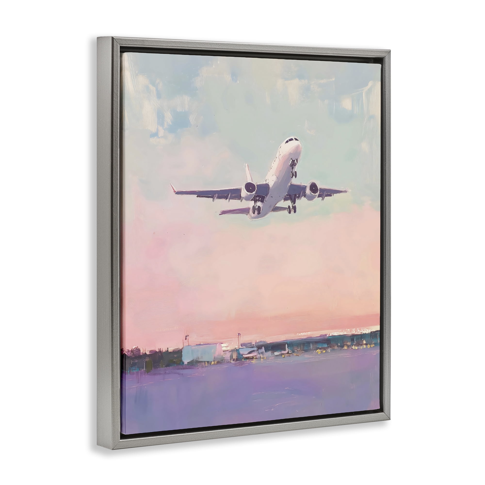 Stupell Industries Airplane Takeoff into Pastel Skies Gray Framed Floater Canvas Wall Art, design by The Prints Vibe