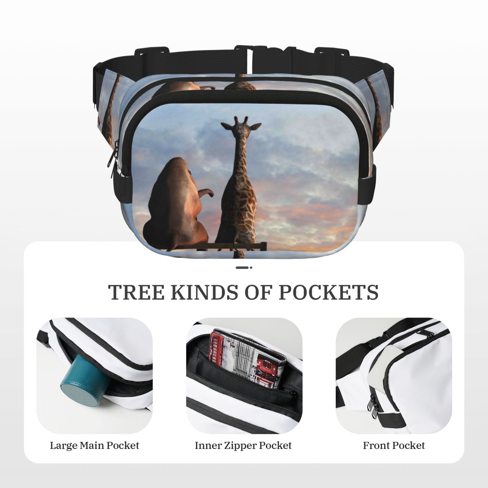 Hirioo Elephant Giraffe for Double Layer Waist Bag Adjustable Fanny Pack For Travel Running Hiking
