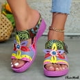 thumbnail image 3 of Flower Wedge Sandals for Women 2025 Boho Colorful Leather Open Toe Platform High Heel Slip on Dress Slippers, 3 of 8
