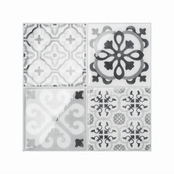 Smart Tiles Peel and Stick Backsplash, 5 Adhesive Tiles, Vintage Black/Grey/White, 9"x9"