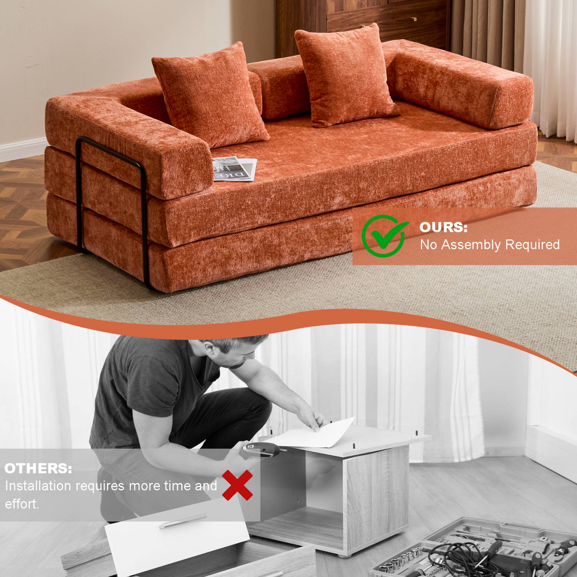 Convertible Sleeper Sofa Bed with Pillow, Corduroy Folding Mattress Floor Sofa Lounge Couch for Living Room, Bedroom, Orange
