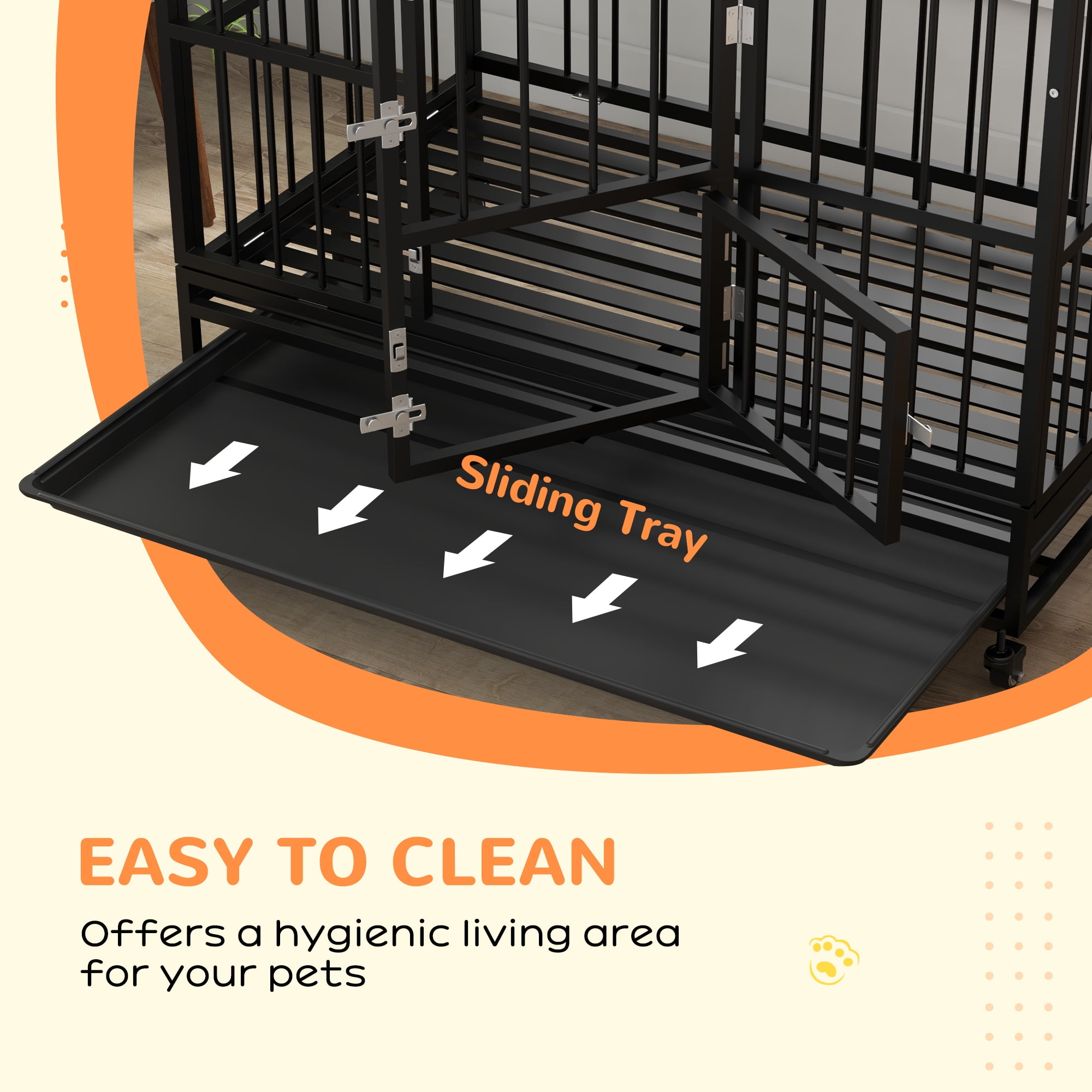 Heavy Duty Dog Crate with 4 Lockable Wheels, Double Doors, and Removable Tray, Black