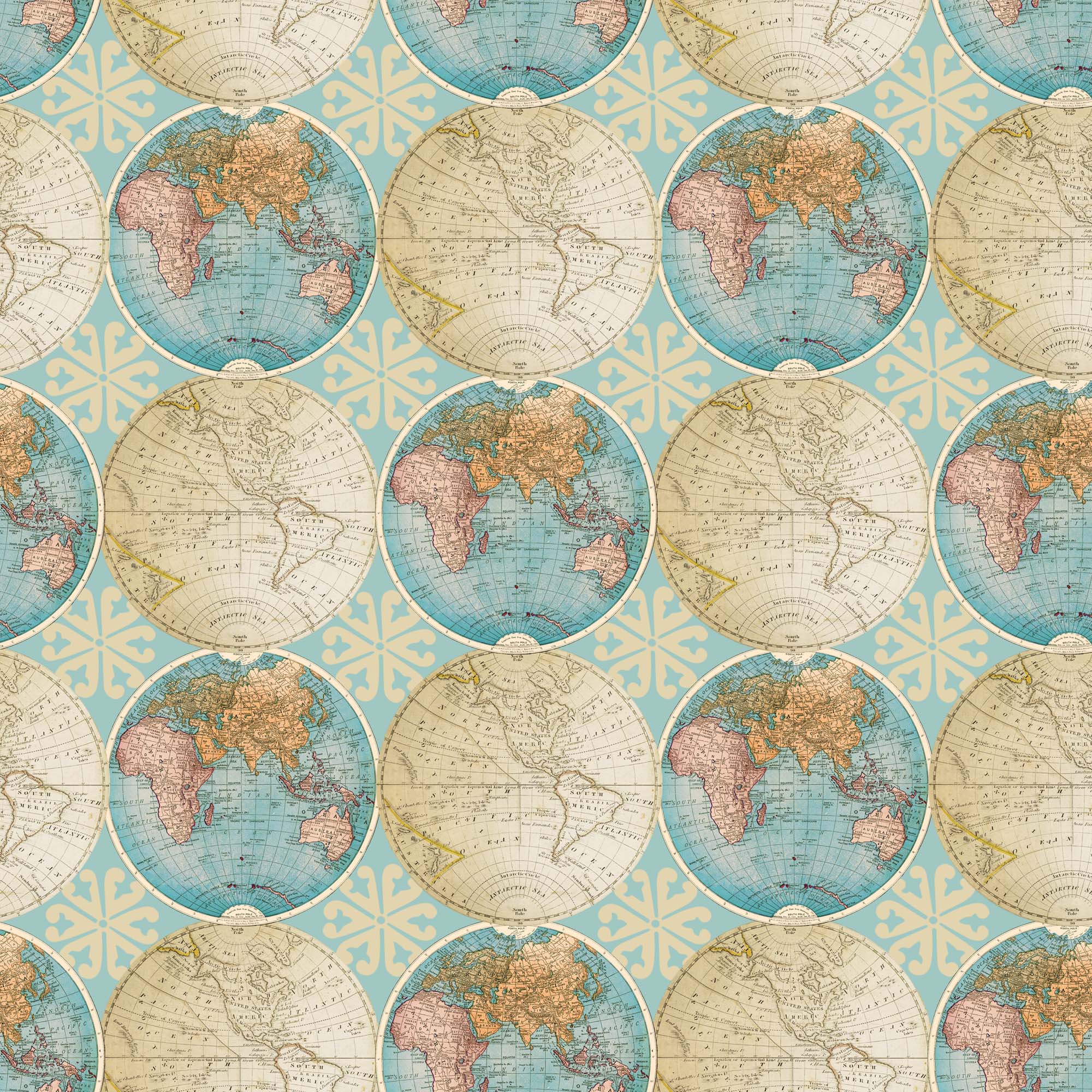 David Textiles 44' x 1 yd Cotton Vintage Globes Precut Fabric, Multi