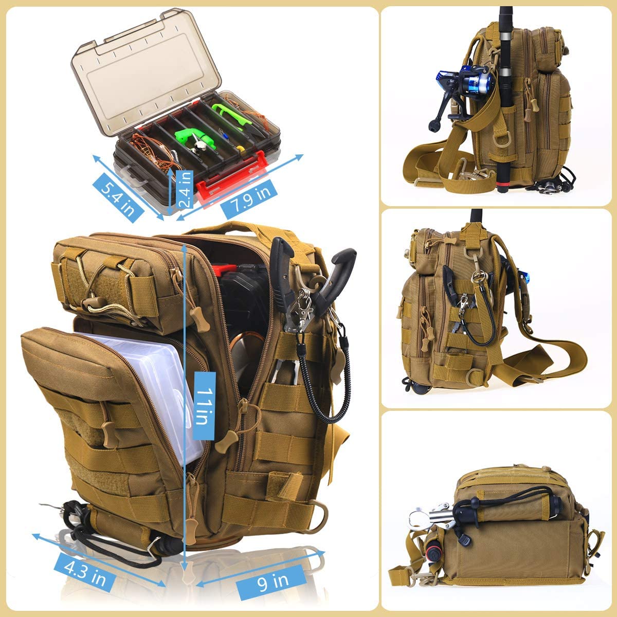 Aertiavty Compact Fishing Tackle Bag, Fishing Bag with Tackle Box and Rod Holder Outdoor Sport Fishing Backpack Khaki - image 2 of 8