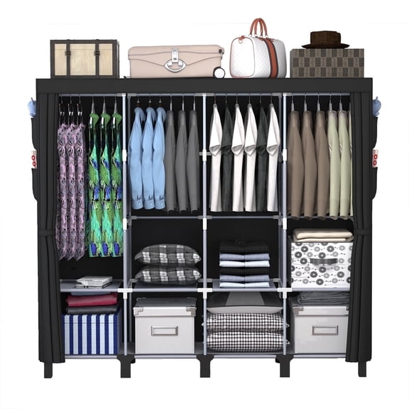 Black, Portable Closet Organizer and Storage with 3 Hanging Rods for Hanging Clothes, 6 Wardrobe Closet Storage Shelves for Bedroom, Easy to Assemble.