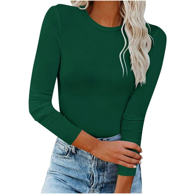 Penkiiy T-Shirt Blouse Ajusté Extensible à Manches Longues pour Femme, Mode d'Automne, Haut Basique Uni, TP, Vert