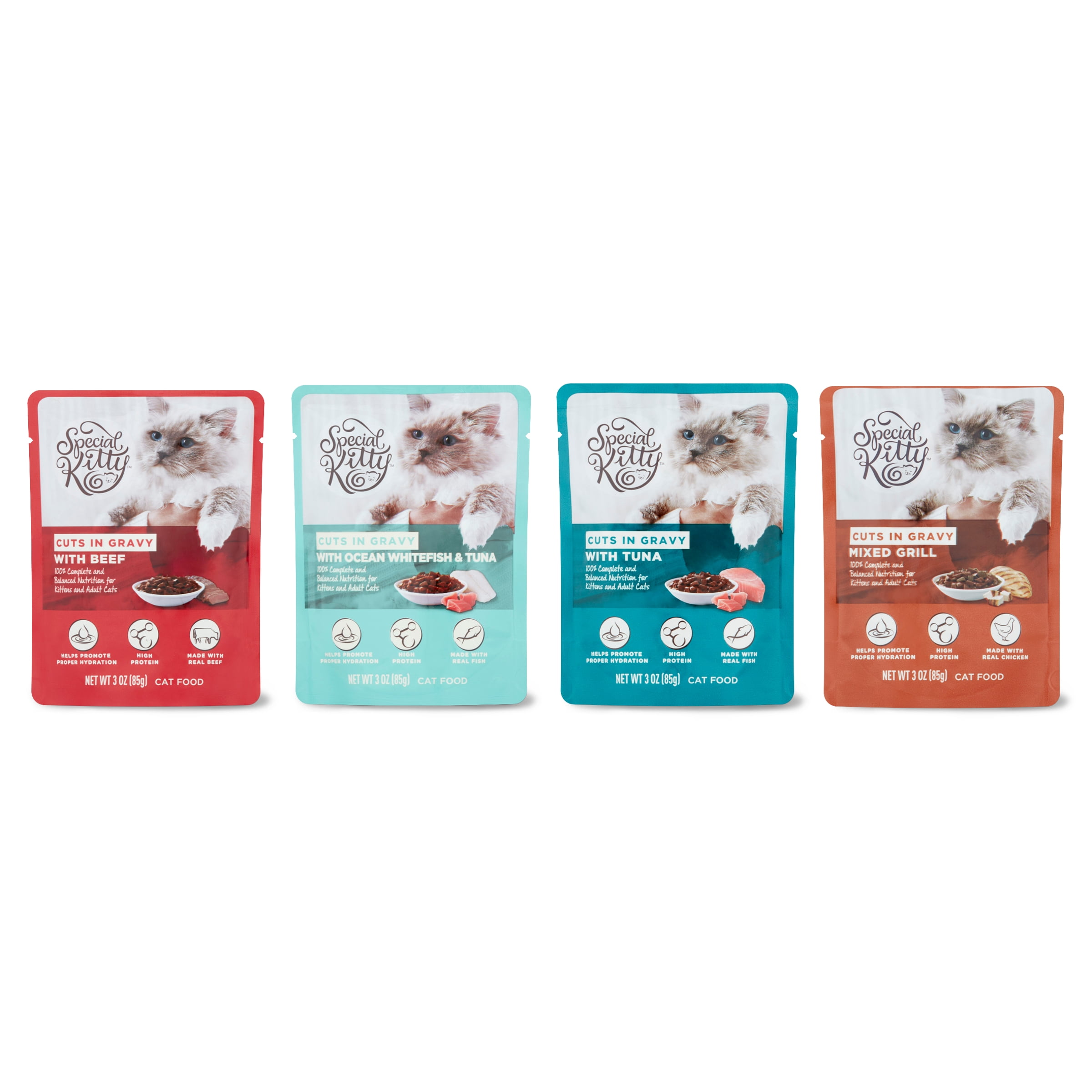 Special Kitty Favorites Variety Pack (Beef, Whitefish, Tuna, Mixed Grill) Cuts in Gravy Cat Food, Kittens and Adult Cats 3oz. Pouches (24 Count)
