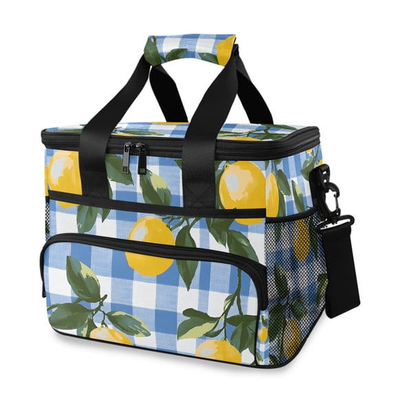 FORMRS Insulated Cooler Bag 24 Cans Capacity Soft Leakproof Lunch Box with Side Pockets, Light Blue Plaid