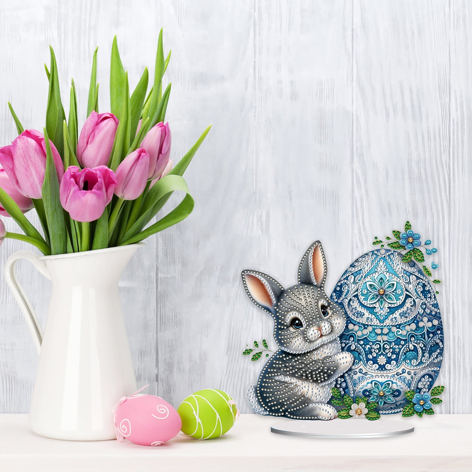 FLOPESN DIY Diamond Art Painting Easter Bunny Ornament Kits with Oval Base, Single-Sided Diamond Painting PET Craft for Home Decor