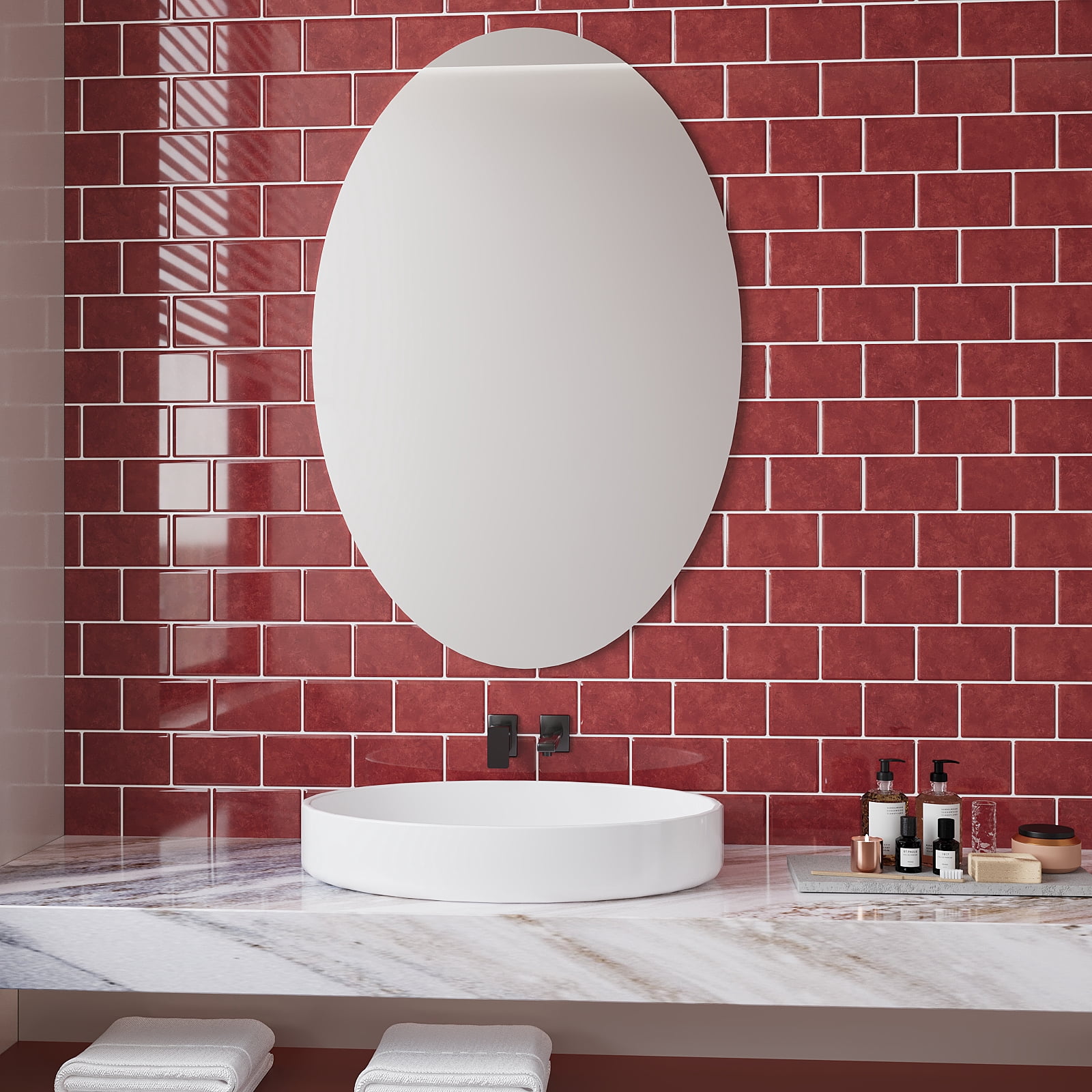 VEELIKE Red Peel and Stick Backsplash Waterproof Subway Kitchen Backsplash Red Peel and Stick 12''x12'' Tile 6 Sheets Removable Renter Friendly Backsplash Stick on Tiles for Kitchen Wall Bathroom