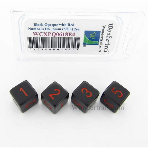 Black Opaque Dice with Red Numbers D6 Aprox 16mm (5/8in) Pack of 4 Wondertrail