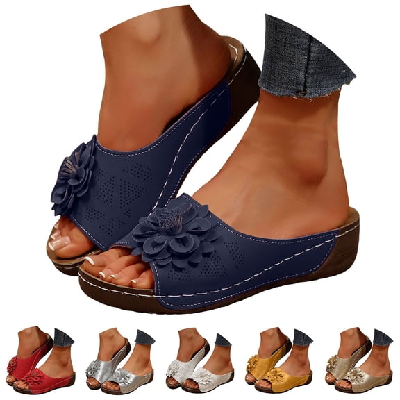 Modisza Womens Summer Beach Sandals Low Wedge Flower Open Toe Slides Ladies Dressy Platform Comfortable Slipper Shoes Blue 6