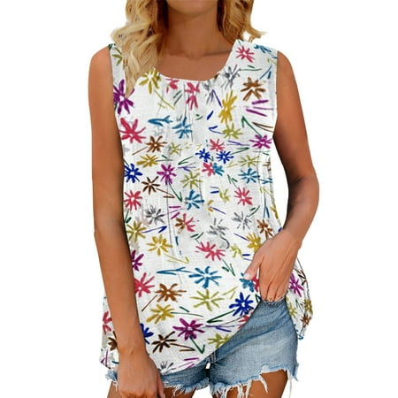 

NECHOLOGY Long Top Women Women Sleeveless Tunics Summer Casual Flower Print Pleated Tees Tanks Casual Crew Neck Pajama Shirt Women Vest Multicolor Large