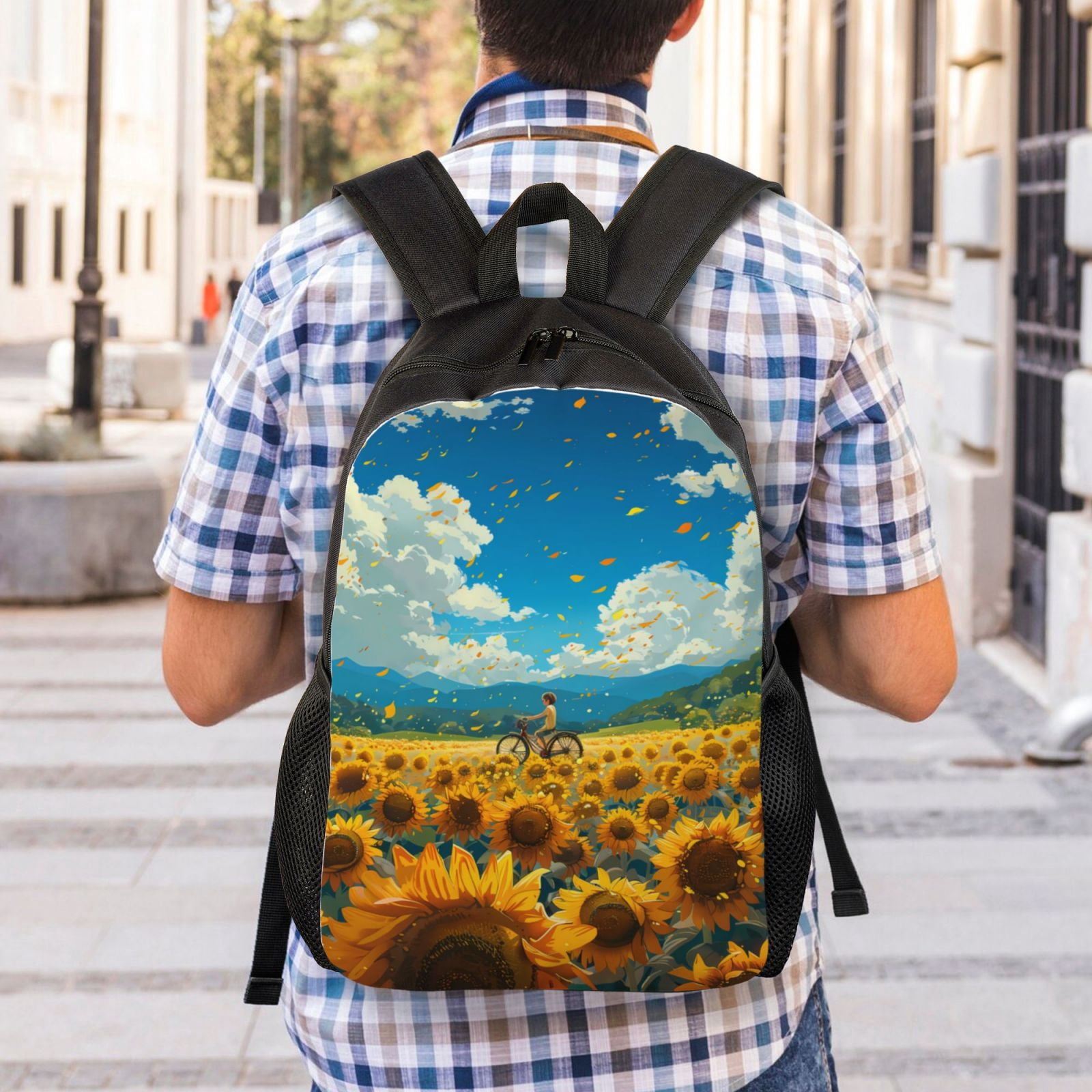 Xecao Field Bicycle Young Sunflower Print School Backpack with Laptop Compartment Small Travel Laptop Backpack for Women Men Waterproof College Backpack Simple School Bag