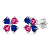 Gem Stone King 925 Sterling Silver Blue Created Sapphire Pink Created Sapphire and White Lab Grown Diamond Earrings for Women | 4.03 Cttw | Gemstone September Birthstone | Heart Shape 4MM