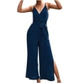 thumbnail image 4 of Kiplyki Fall Ladies Pants Solid Color Sleeveless Suspenders V Neck Split Jumpsuit, 4 of 7