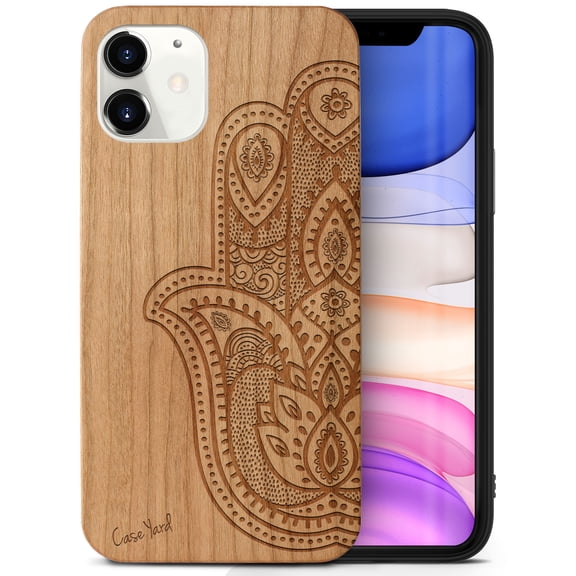 Case Yard Wooden Case Outside Soft TPU Silicone, Slim Fit Shockproof Wood Protective Phone Cover for Girls Boys Men and Women, Supports Wireless Charging Half Hamsa Hand Design case for iPhone-12-Mini
