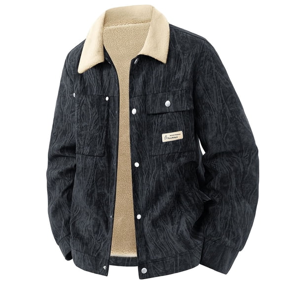 USNSM (M-5XL)Big and Tall Men's Fleece Corduroy Jackets Sherpa Lined Snap Button Up Long Sleeve Coats Winter Warm Thick Lapel Outwears Black XXXL