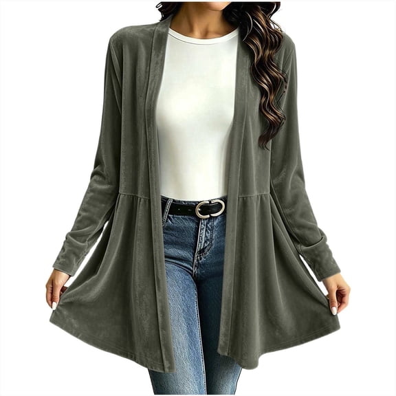 cocolona Vintage Cardigan for Women Solid Color Long Sleeve Pleated Casual Tops Open Front Flowy Cardigan for Party