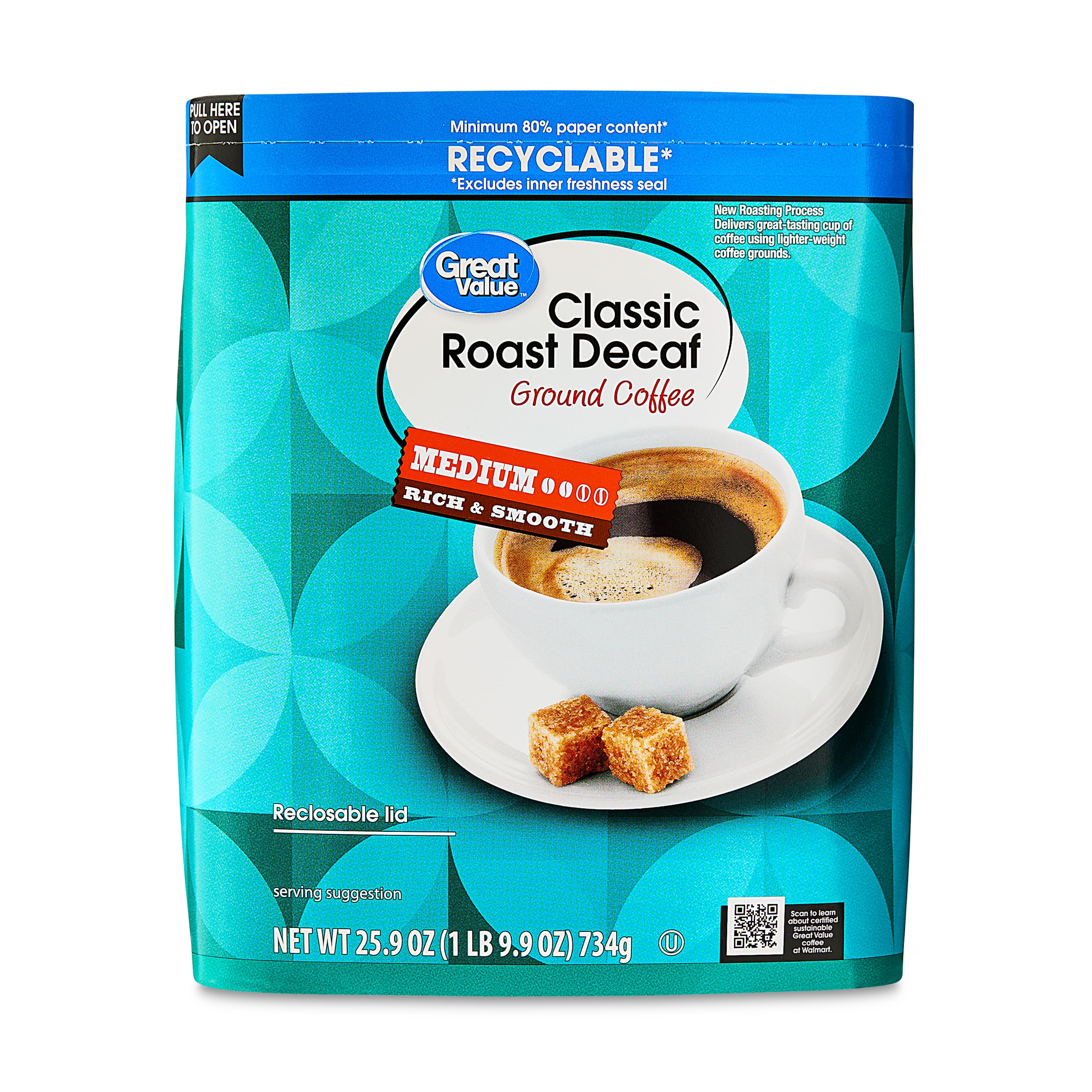 (6 pack) Great Value Classic Roast Decaf Medium Ground Coffee, 25.9 oz