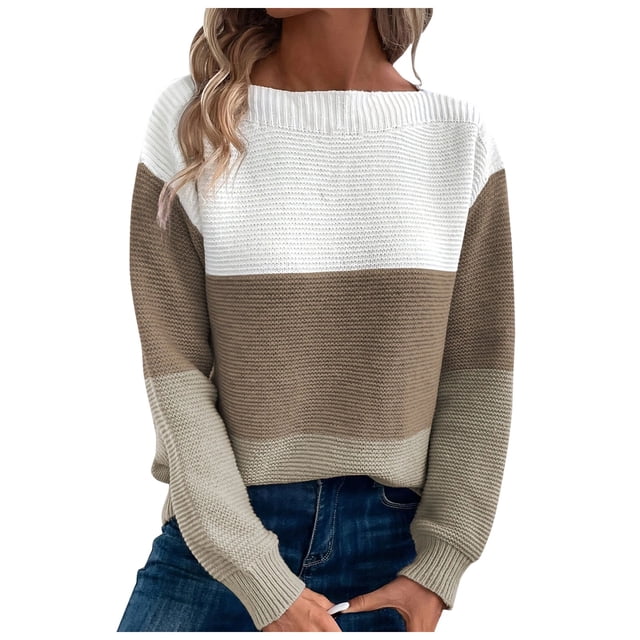 GDREDA Fall Sweaters Round Neck Striped Cute Winter Pullover Sweaters for Women Trendy 2024 Drawstring Brown,S