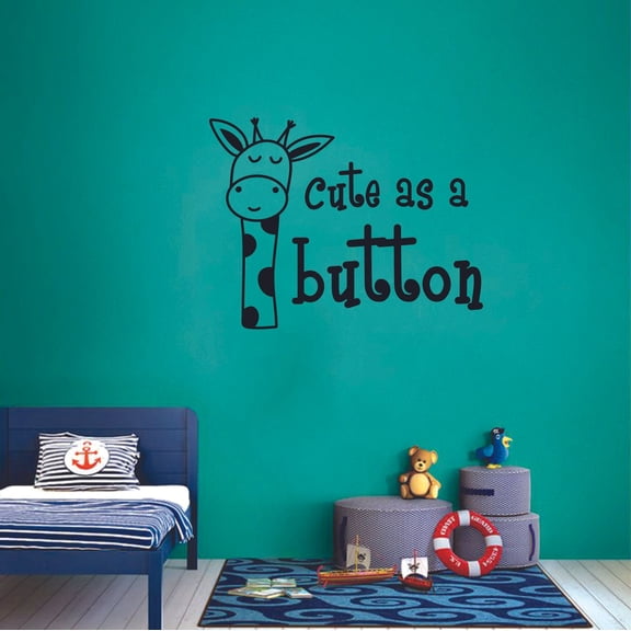 Cute As A Button Giraffe Newborn Baby Babies Quote Wall Sticker Art Decal for Girls Boys Room Bedroom Nursery Kindergarten House Fun Home Decor Stickers Wall Art Vinyl Decoration Size (15x30 inch)