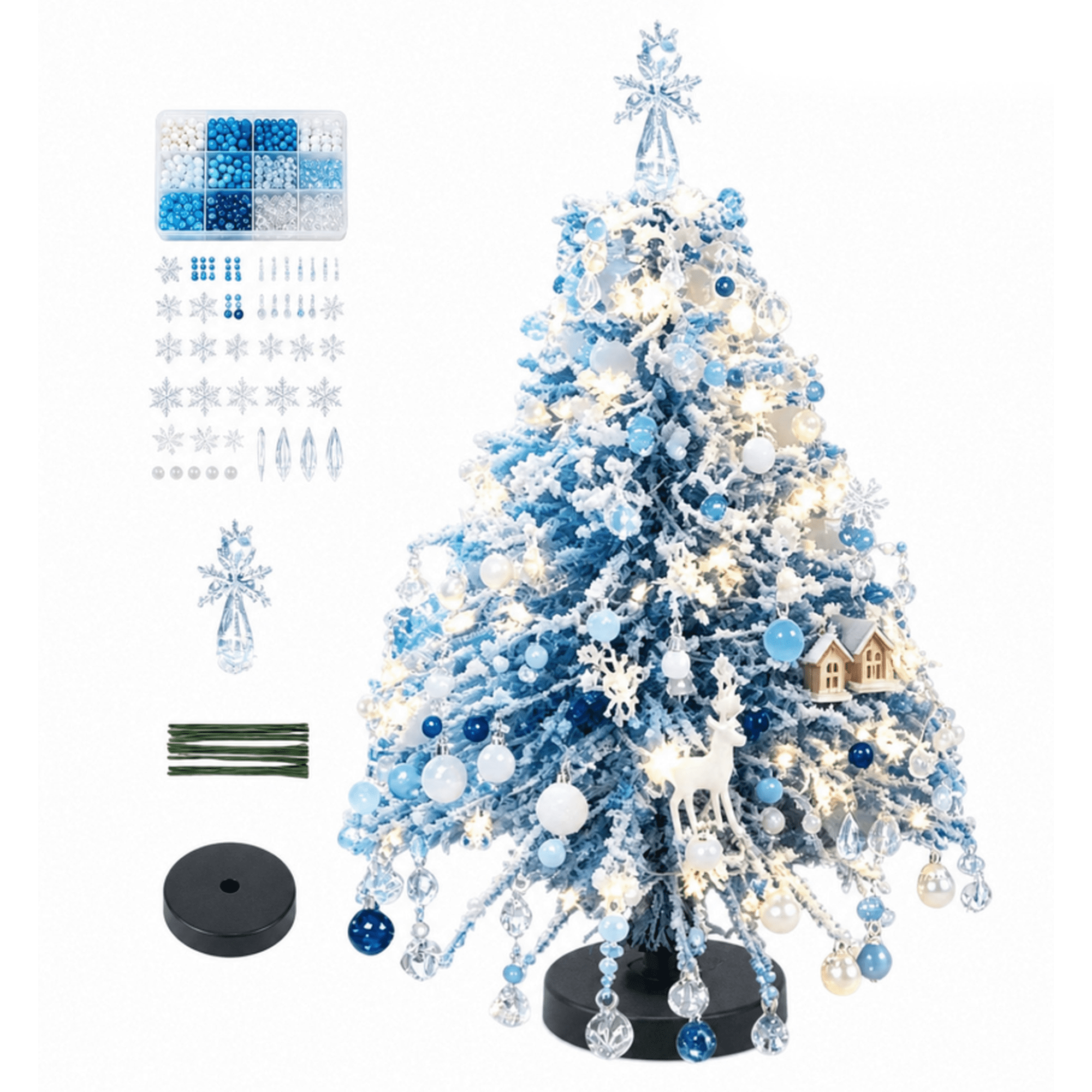 DIY Beaded Christmas Tree Kit Mini Tabletop Xmas Ornament Making Set Relaxing Hands-On Craft Activity Elegant Indoor Mantel And Bookshelf Holiday Decor Blue
