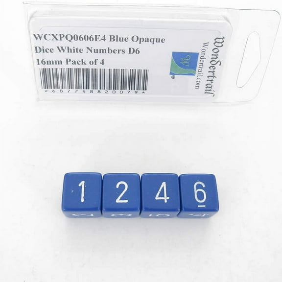 Blue Opaque Dice with White Numbers D6 Aprox 16mm (5/8in) Pack of 4 Wondertrail