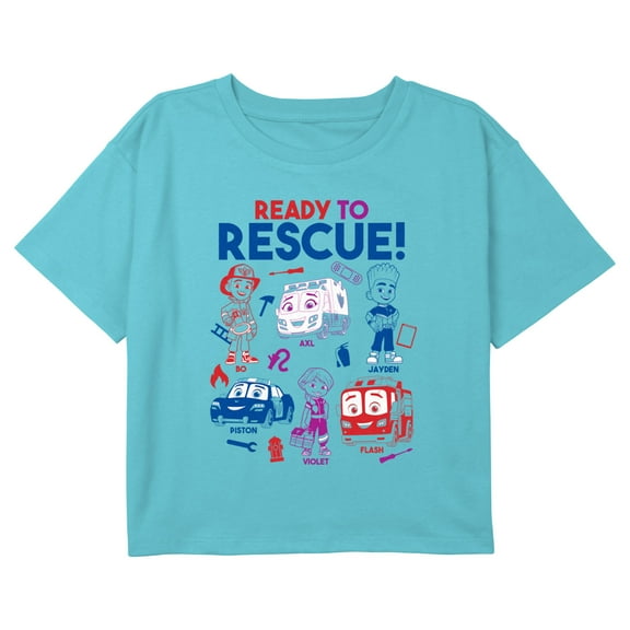 Girl's Firebuds Ready to Rescue Icons Graphic Cropped T-Shirt Blue X Large