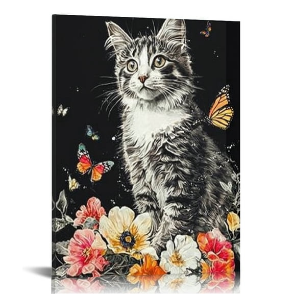 LHONGY Cat Canvas Wall Art Black and White Animal Pet with Colorful Flower Butterfly Painting Pictures Cute Kitten Floral Print Poster for Girls 12x16 in