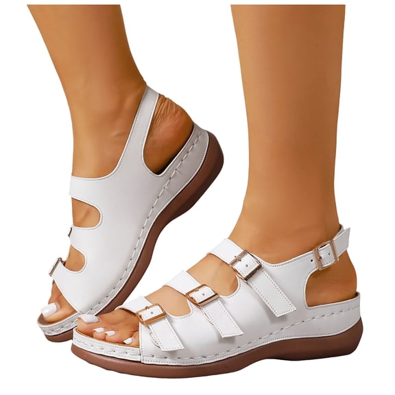 Slingback Sandals for Women Buckle Strappy Orthopedic Shoes Platform Low Wedge Summer Beach Vacation Walking Shoes White Size 8