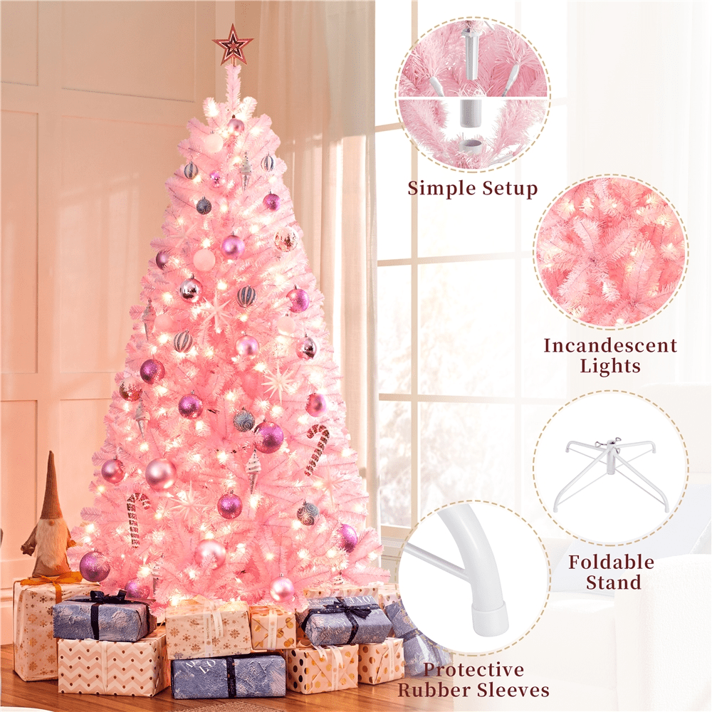 Alden Design 7.5Ft Pre-lit Artificial Christmas Tree with Foldable Stand, Pink