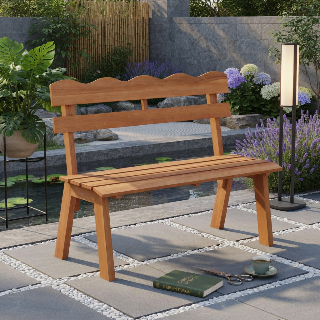 Hommoo Sturdy Outdoor Acacia Wood Garden Bench, Ergonomic Waved Backrest, Adjustable Feet, Pre-Assembled for Patio, Porch & Backyard, Natural