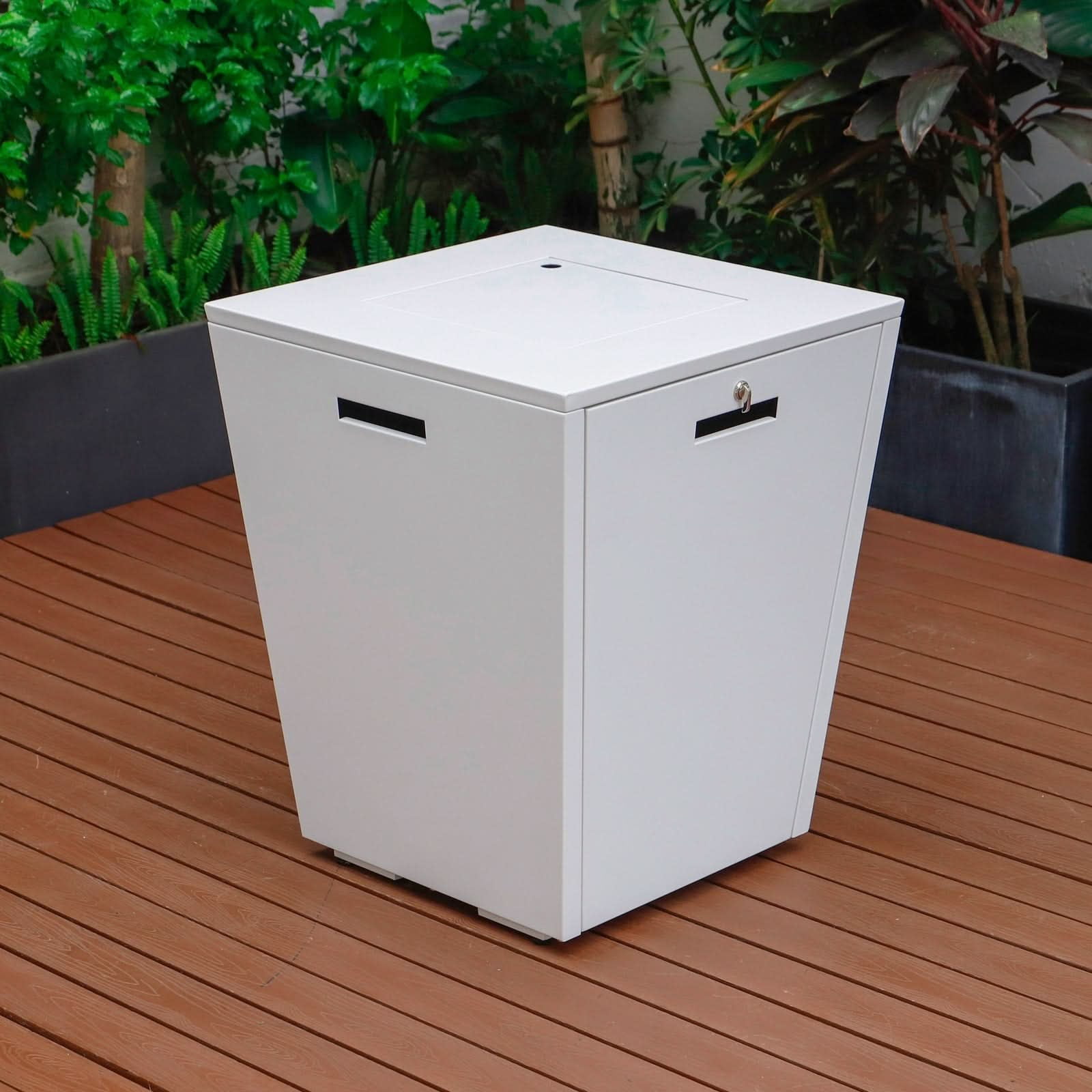 LeisureMod Chelsea 32" Propane Gas Fire Pit Table, White Steel CSA-Certified Outdoor Firepit with Tempered Glass Wind Guard & Lid – Patio Heater for Backyard or Garden