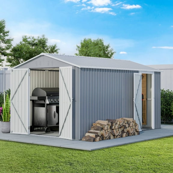 8×12 Ft Outdoor Storage Shed, Metal Storage Shed with Dual Doors and Framed Floor for Backyard