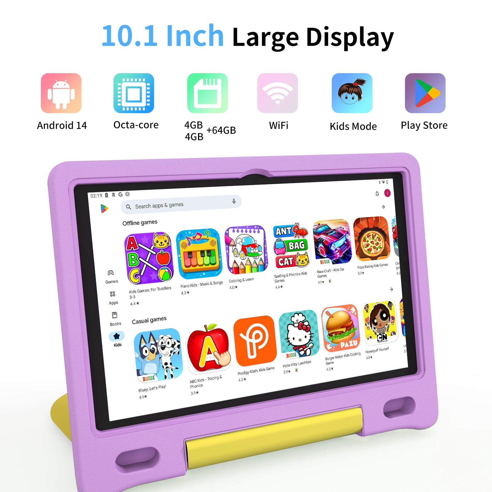 Kids Tablet, 10.1 inch IPS HD Touchscreen Android 14 64 GB Storage, 8GB RAM, Octa Core Tablet for Kid with Kid-Proof Case, Parental Controls, 12-hr Battery, WiFi, GPS – Purple