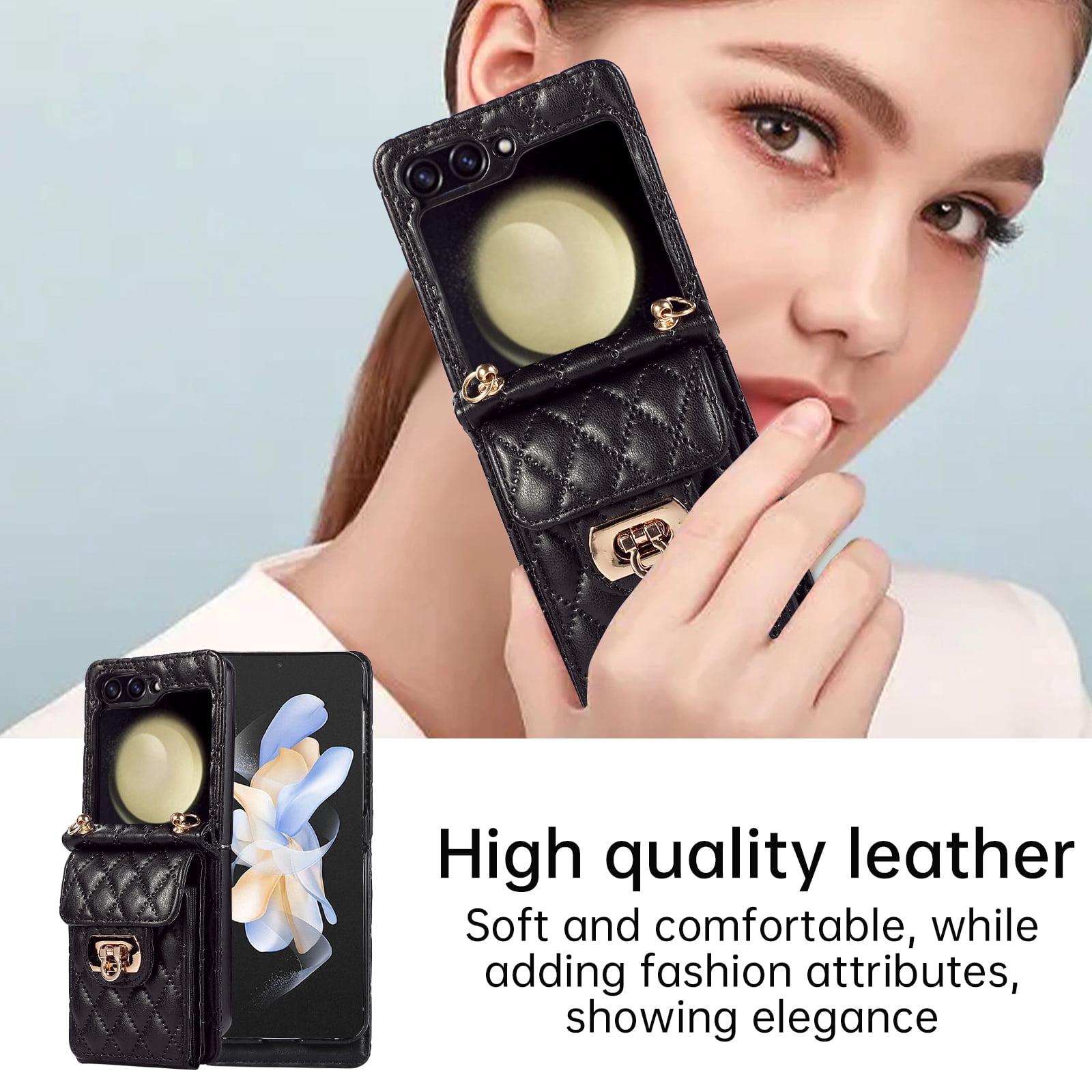 Decase For Samsung Galaxy Z Flip 5 5G Leather Wallet Case, PU Leather Shockproof Case with Crossbody Strap, Back Built in Stand Wallet Credit Card Holder Slots Phone Cover,Black