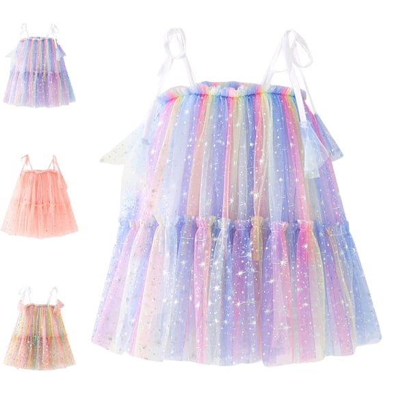 Bmisegm Toddler Dress Holiday Tie Strap Square Neck Tiered Skirt Star Decor Flowy Casual Girls' Dresses 3-4 Years