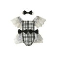 thumbnail image 1 of Coduop Baby Girls Princess Rompers,Newborn Lace Spliced Plaided Bodysuit Jumpsuit,with Headband, 1 of 9