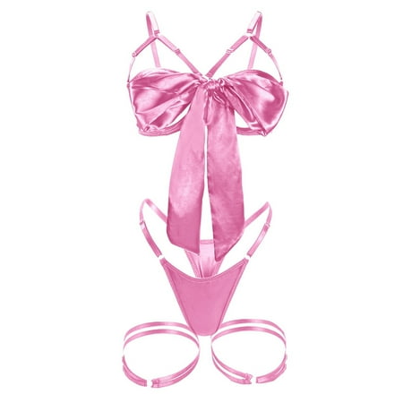 Yuhangmm Lingerie For Women Bow Decoration Satin Texture Sexy Lingerie Strappy Harness Vintage Spaghetti Strap Open Back Lingerie Small