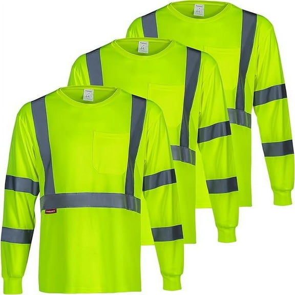 ProtectX 3-Pack Class 3 Long Sleeve High Visibility Safety T-Shirt with Elastic Reflective Stripes, Men's Heavy Duty Breathable Hi Vis Reflective Shirts, Green - Small