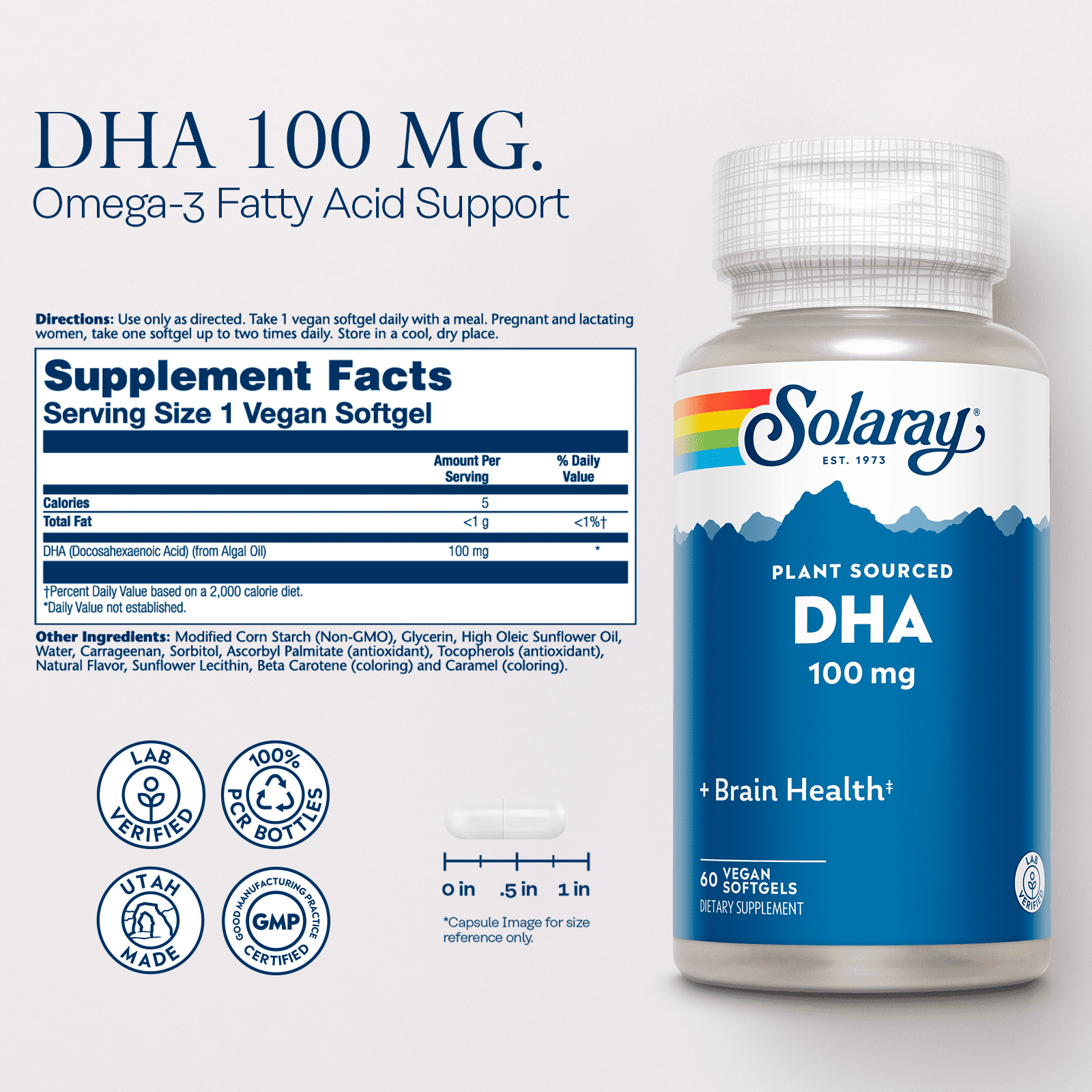 Solaray DHA Neuromins, Vegan Softgel (Btl-Plastic) 100mg 60ct