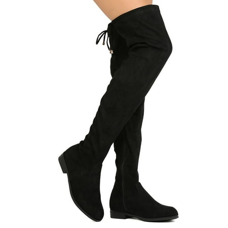 Suede Goth Boots Shoes - Refresh GK39 Women Faux Suede Thigh High Drawstring Riding Boot